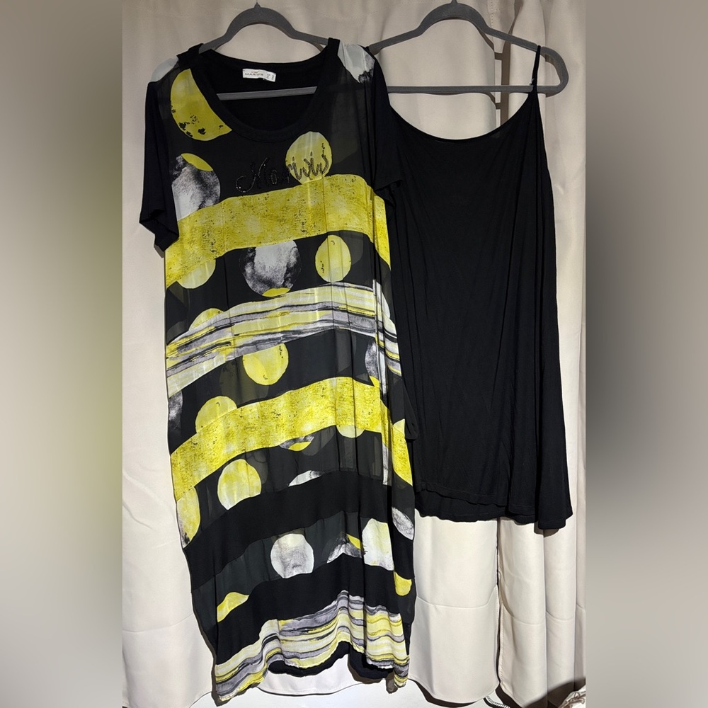Black & yellow fabulous Marisis sheer dress with black slip